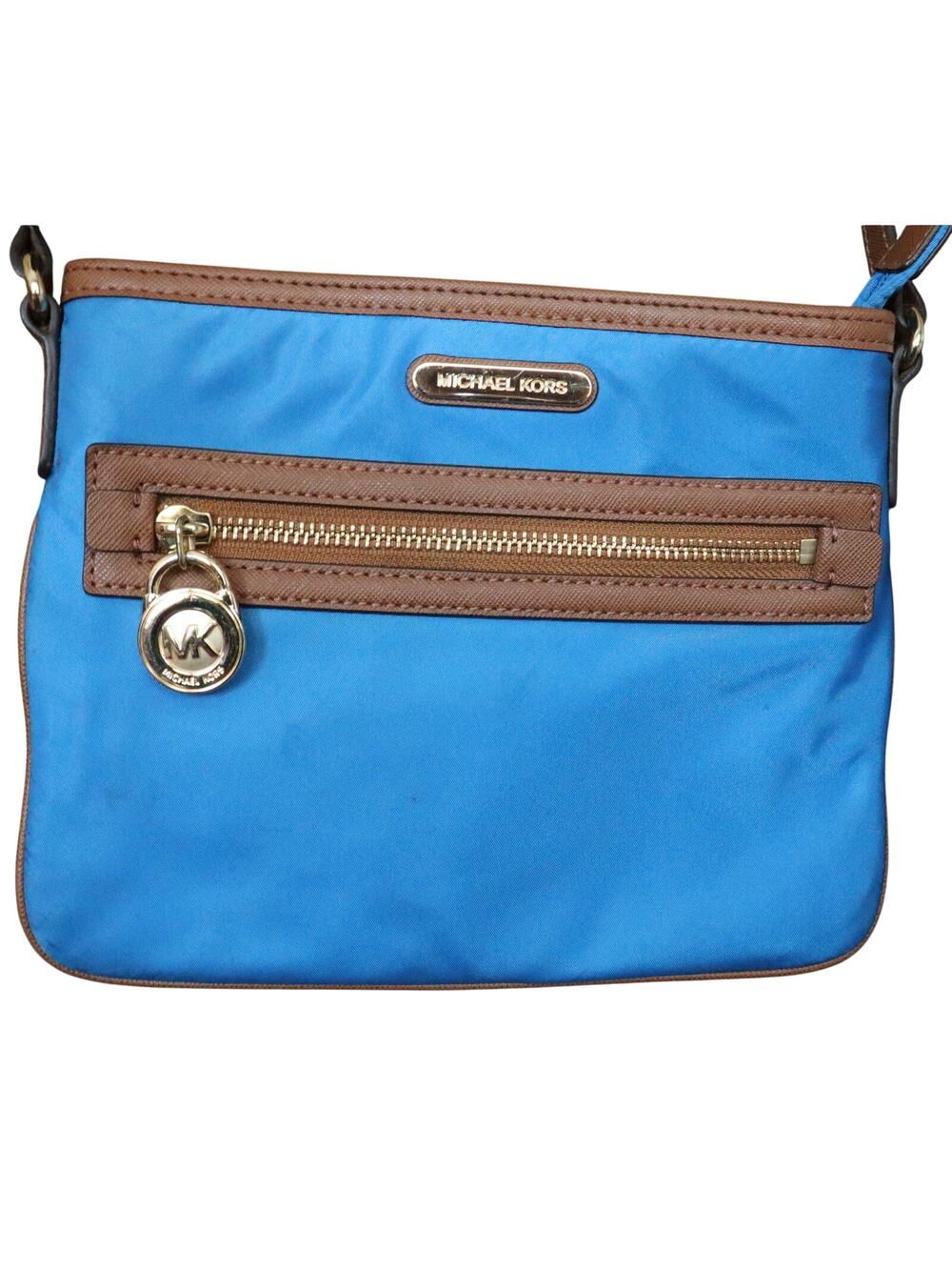 Michael Kors Kempton Nylon Royal Blue Crossbody Bag Brown Leather Trim Charm